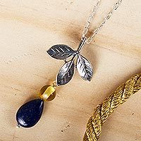 Lapis lazuli and amber pendant necklace, Indigo Foliage