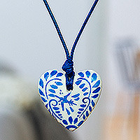 Papier mache heart necklace, Blue Talavera