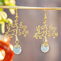 Gold-plated agate dangle earrings, Tree Of Life