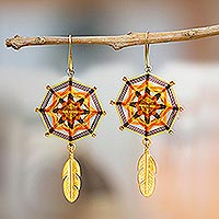 Gold-plated dangle earrings, Feather Mandala