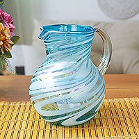 Handblown recycled glass pitcher, Turquoise Waves