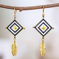 Gold-accented hand-woven dangle earrings, Feathery Diamonds