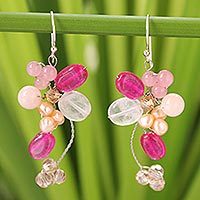 Cultured pearl and rose quartz cluster earrings, Radiant Bouquet