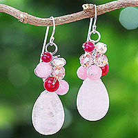 Rose quartz cluster earrings, Pink Rose