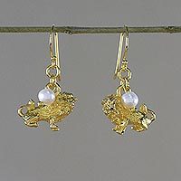 Gold plated cultured pearl dangle earrings, Radiant Leo