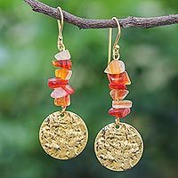 Carnelian dangle earrings, Golden Coin in Orange