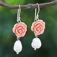 Cultured pearl dangle earrings, Misty Rose