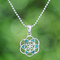 Reconstituted turquoise pendant necklace, Aqua Floral Geometry