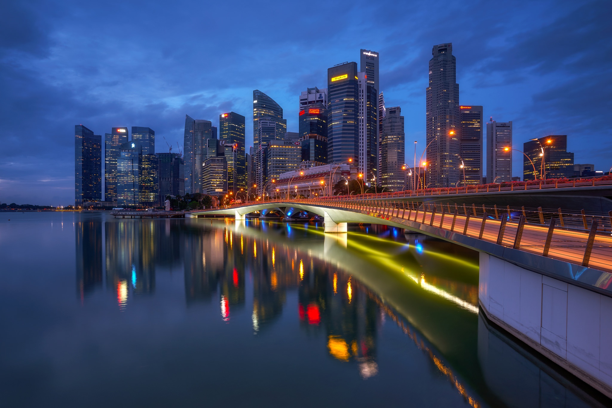 Download Esplanade Bridge Skyscraper Reflection Building Bridge Night ...