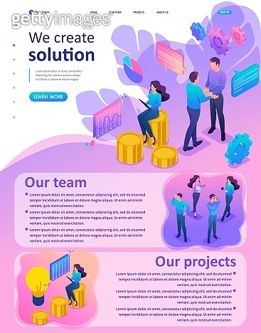 Isometric Website Template Landing page Bright concept teamwork to ...