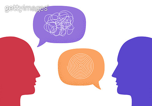 Vector illustration of two human heads silhouette talking through ...