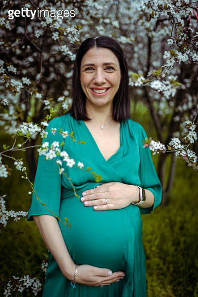 Portrait of Pregnant Woman Holding Her Belly in Nature (1396224612 ...