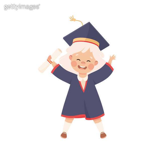 Happy Girl Graduating Wear Blue Gown and Graduation Cap Hold Diploma ...