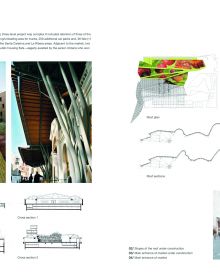 Modern wood roof market structure, flower market below with customers, Contemporary Market Architecture Planning and Design in white font above