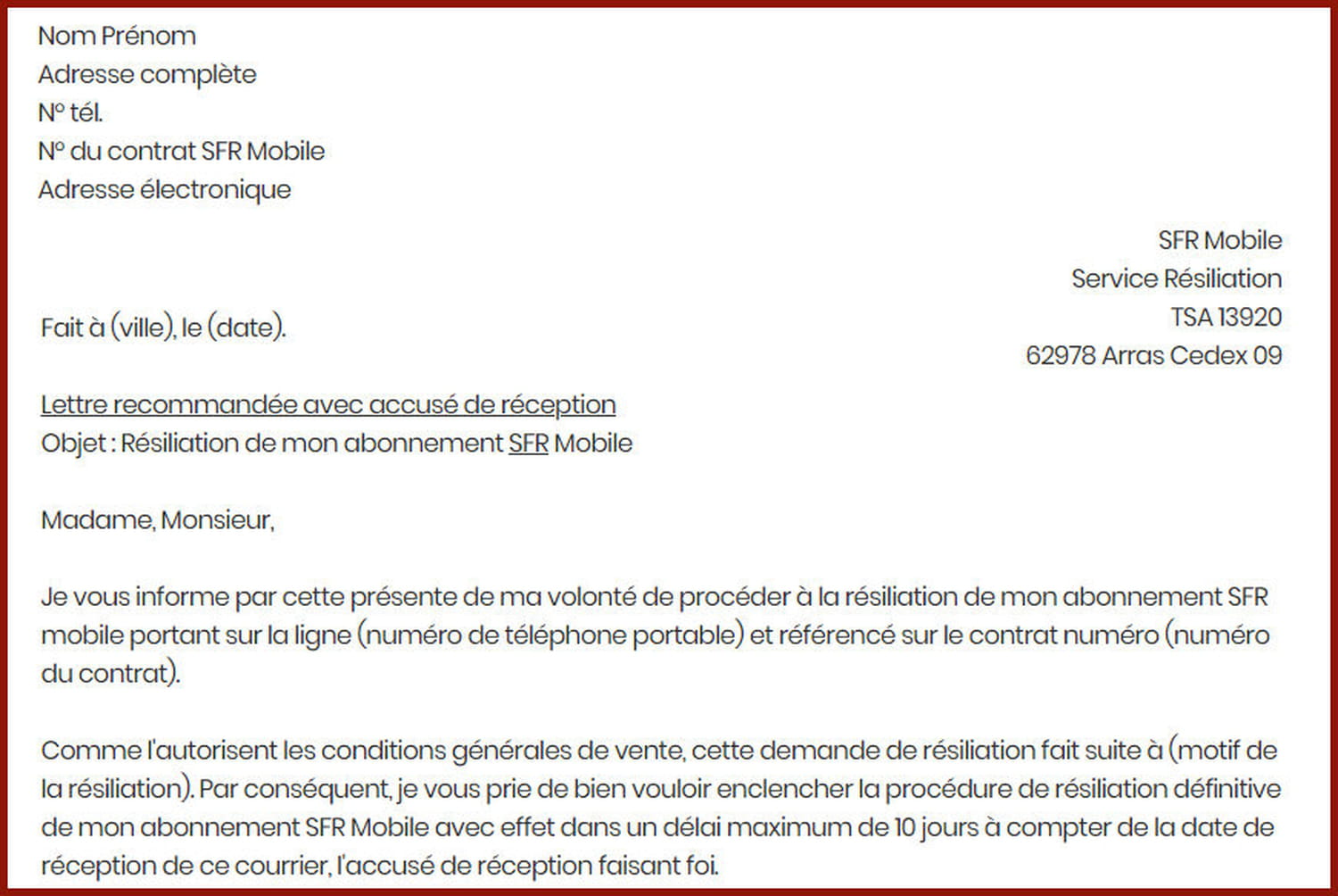 Lettre de résiliation à SFR mobile pour rompre son contrat