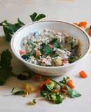 A healthy breakfast-Fermented Farro with curd, sprouts, and veggies