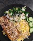 Sesame salmon with egg fried rice and paksoy