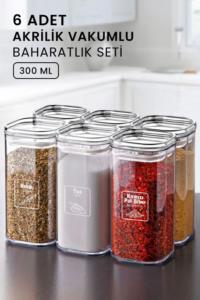 Kitchen Life Etiketli 6'li Akrilik Vakumlu Kare Baharatlık Seti 300 ML