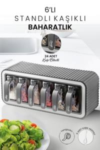 Kitchen Life 6'lı Standlı Kendinden Yapışkanlı Kapaklı Kaşıklı Baharatlık Takımı Gri