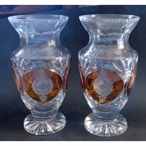 A pair of Polish hand cut and engraved vases. As new condition.