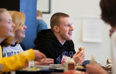 Eating bison burgers at Winona High School