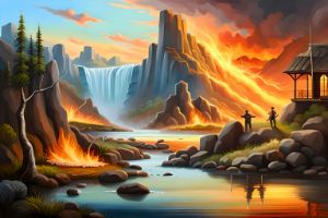 Scenery Water & Fire Oil Painting