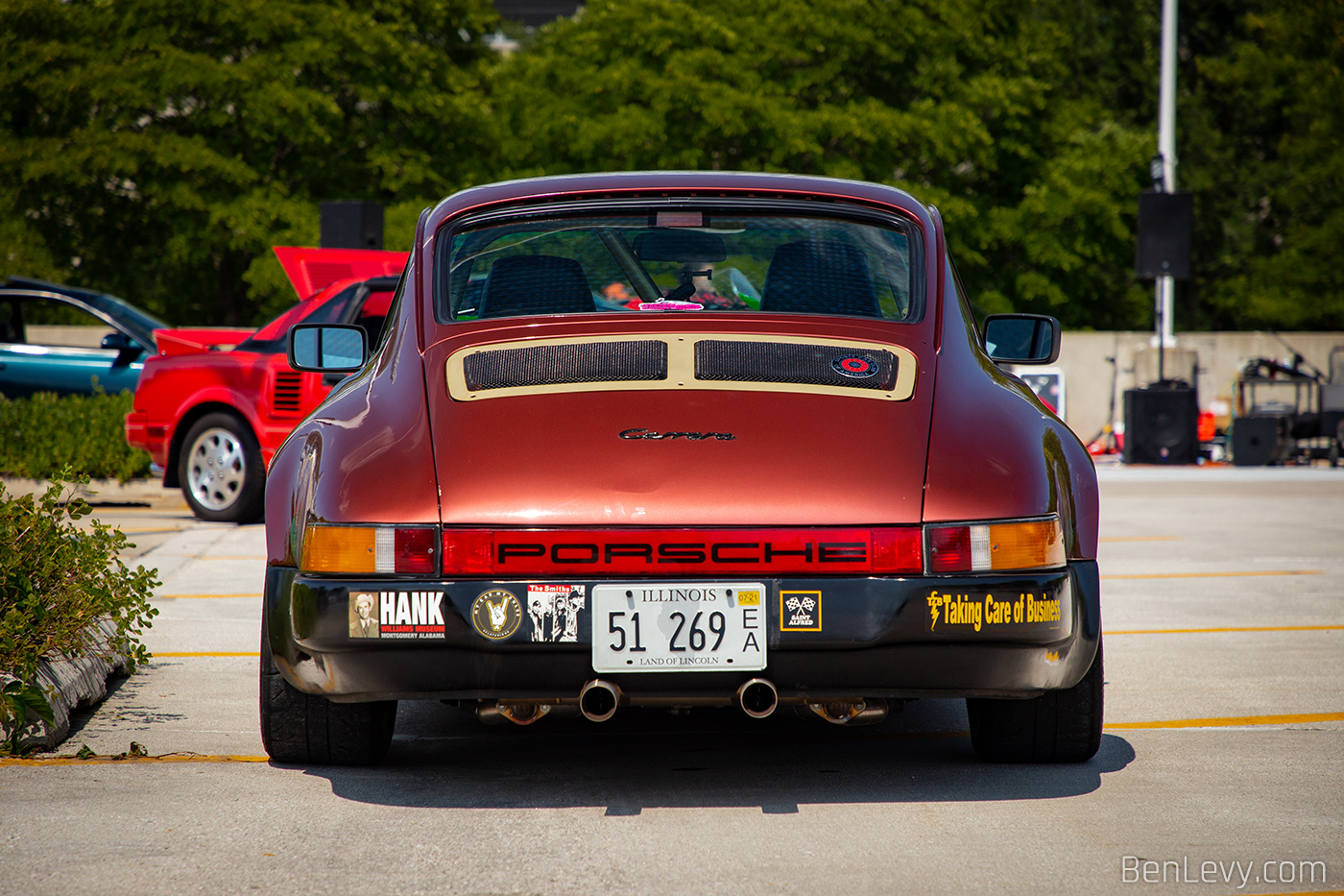 Rear of Porsche 911 with bumper stickers