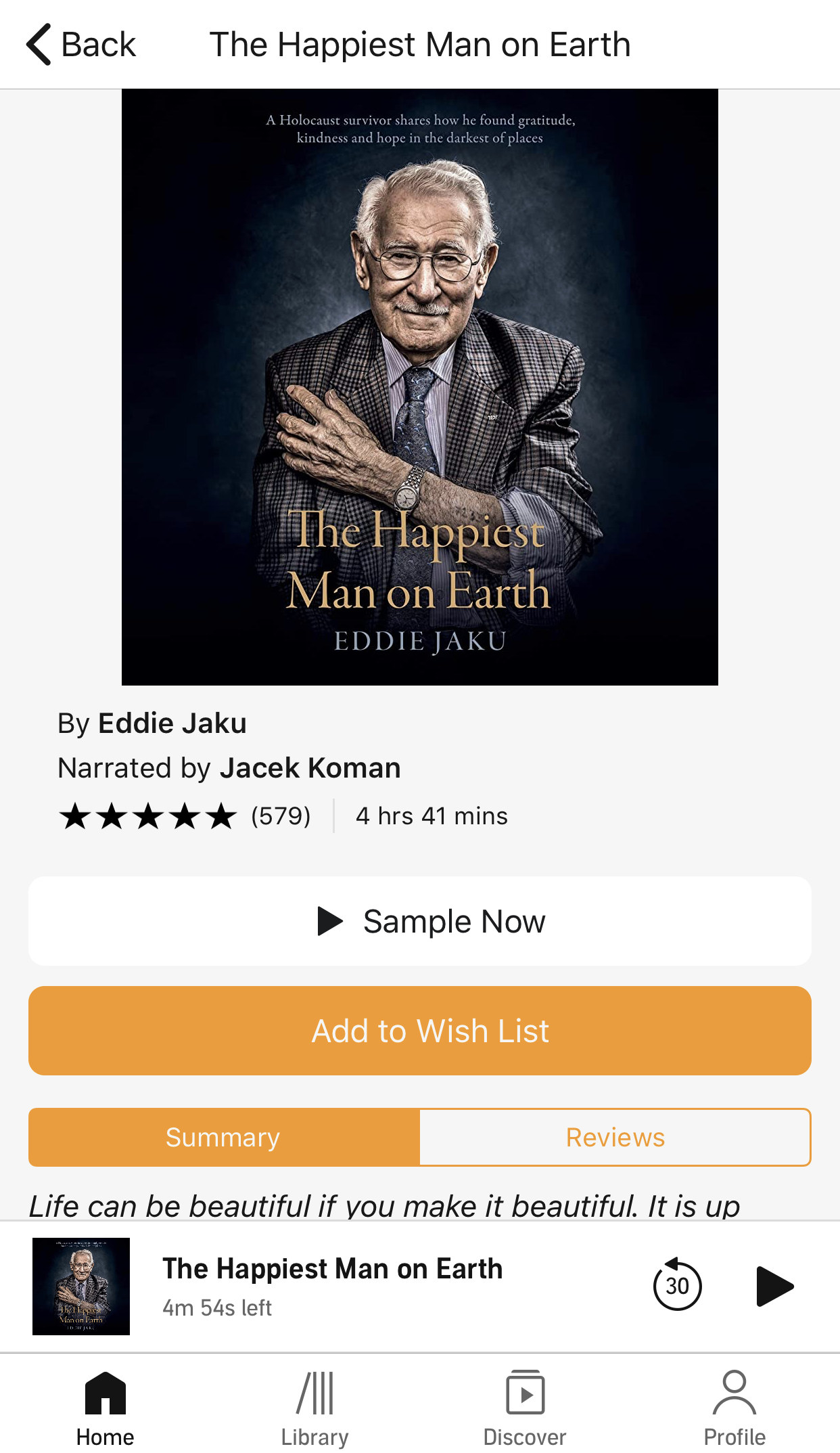 Screenshot of the audiobook &quot;The Happiest Man on Earth&quot; by Eddie Jaku, narrated by Jacek Koman. The book cover shows an elderly man with glasses