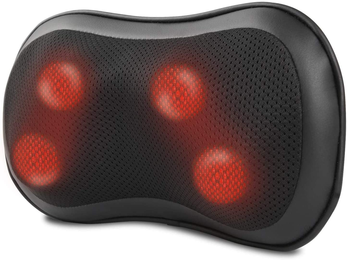 A black, ergonomically designed massage pillow with red glowing massage nodes