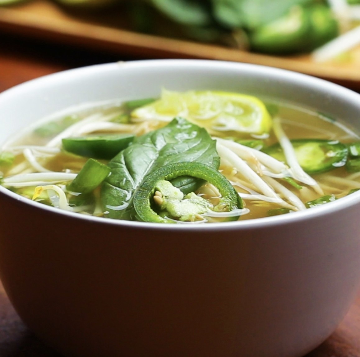 Bowl of Chicken pho with veggies 