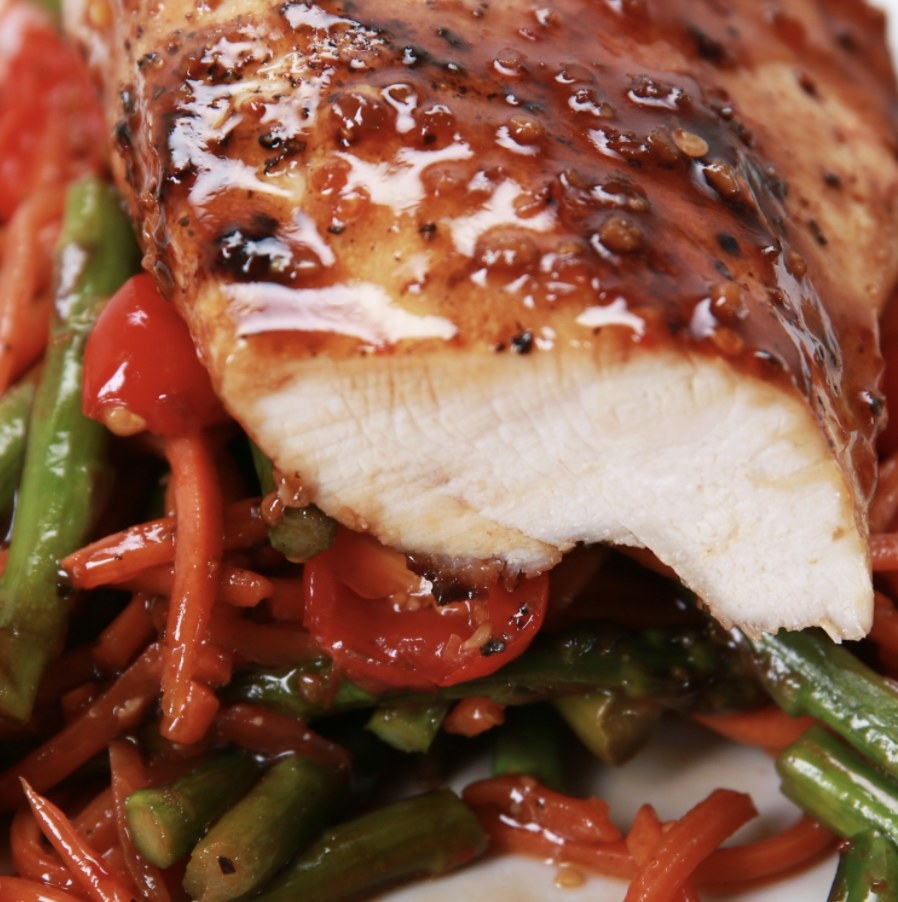 balsamic glazed chicken over a bed of veggies