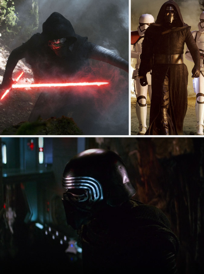 Top: Adam Driver as Kylo Ren brandishing a lightsaber and then standing between two stormtroopers in &quot;The Force Awakens&quot; Bottom: Adam Driver as Kylo Ren wearing a black metal helmet in &quot;The Force Awaakens&quot;