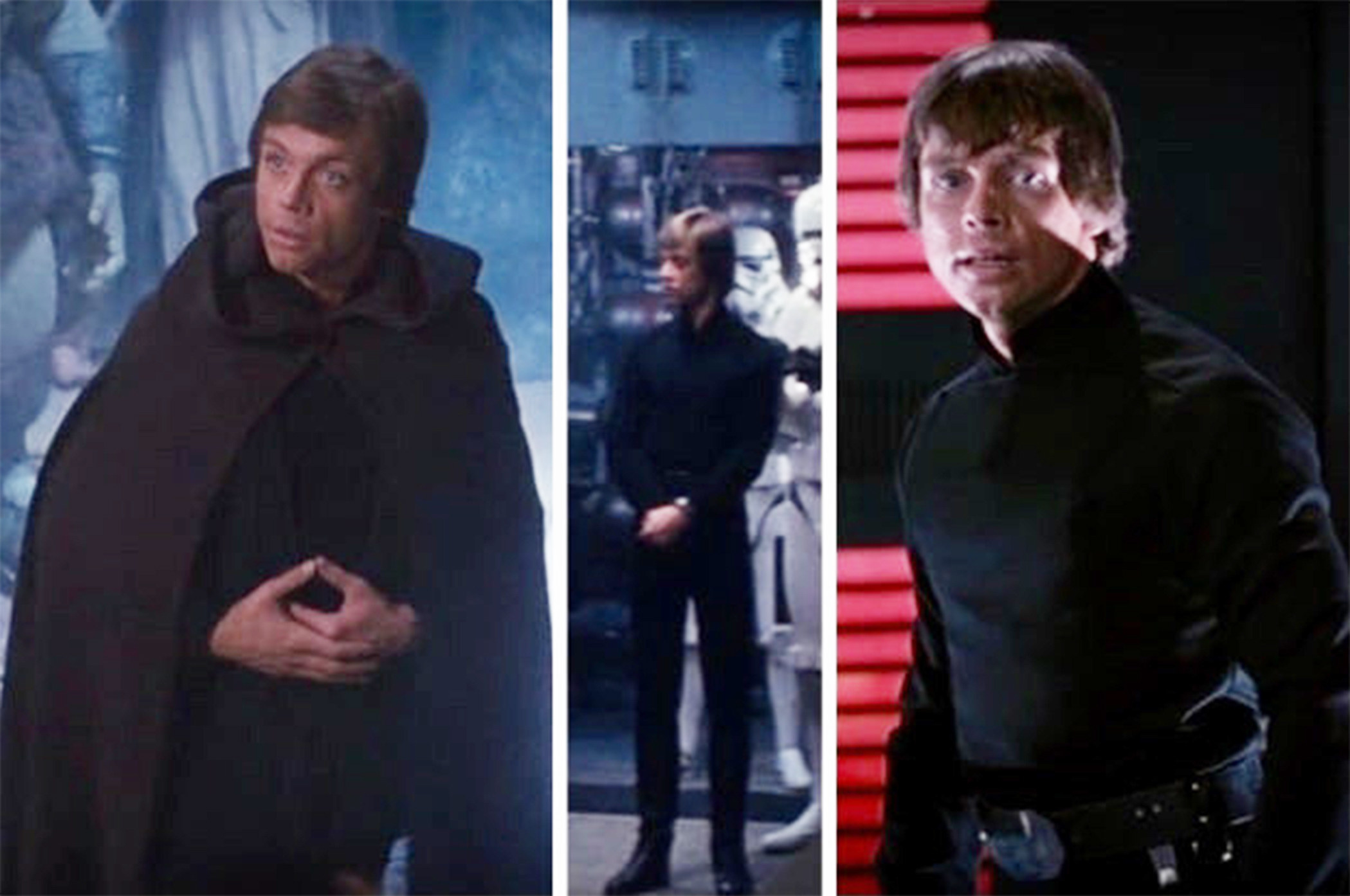 Left: Mark Hamill as Luke Skywalker wears a cloak and folds his hands together in &quot;Return of the Jedi&quot; Middle: Mark Hamill as Luke Skywalker stands in &quot;Return of the Jedi&quot; Right: Mark Hamill as Luke Skywalker looks on in &quot;Return of the Jedi&quot;