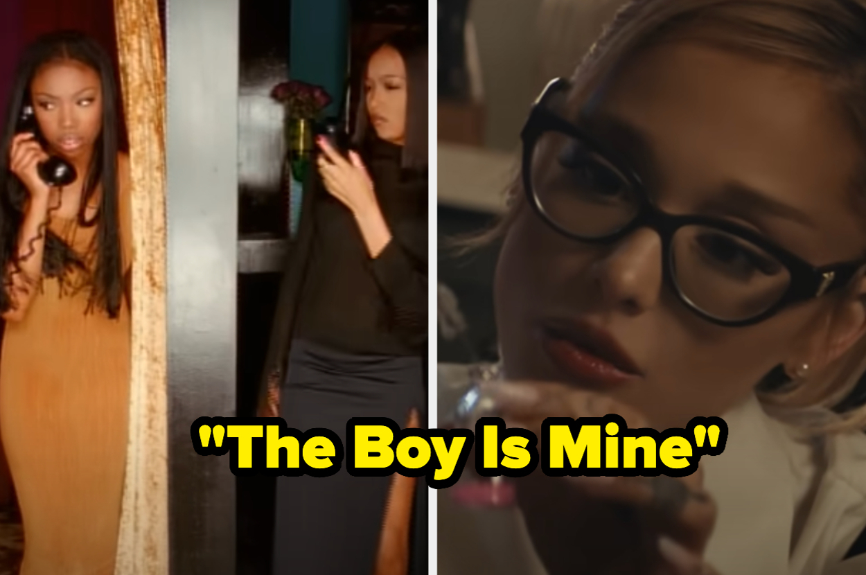 On the left, Brandy and Monica hold phones in separate rooms. On the right, Ariana Grande wears glasses and holds a phone. Text: "The Boy Is Mine"