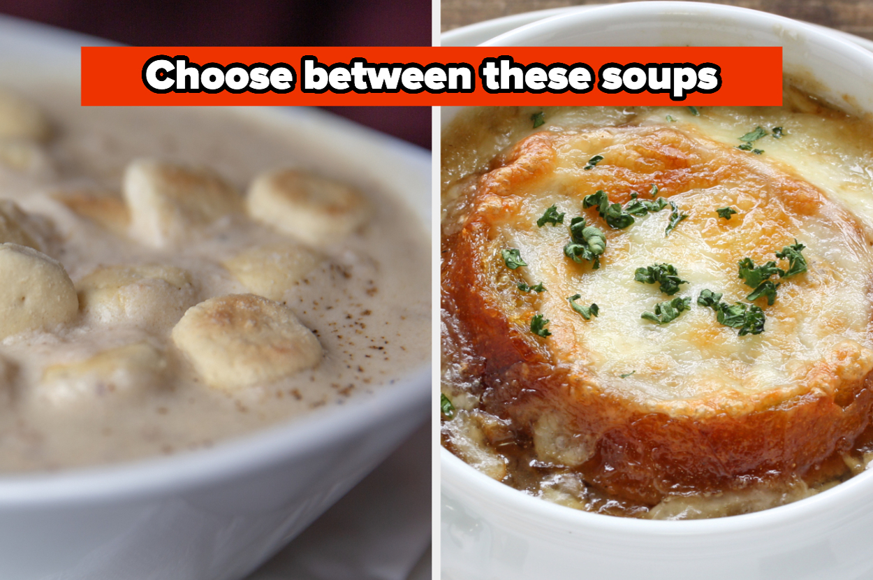 One image shows a soup with oyster crackers, while the other shows French onion soup topped with melted cheese and herbs. Text reads: "Choose between these soups."