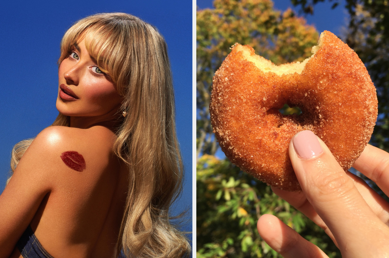 On the left, Sabrina Carpenter looking over her shoulder on the Short N Sweet album cover, and on the right, someone holding an apple cider donut