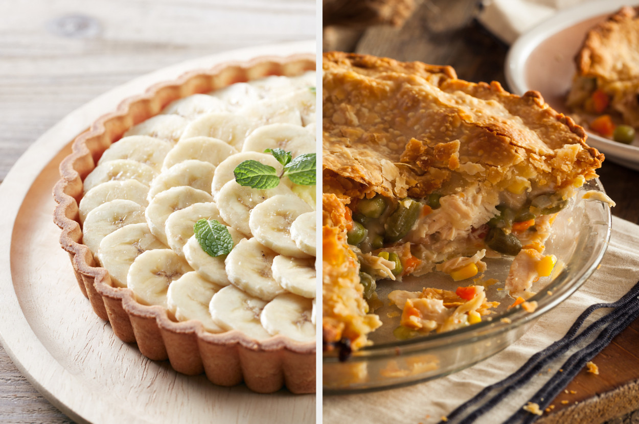 A split image of a banana cream pie on the left with sliced bananas and a chicken pot pie on the right with a flaky crust