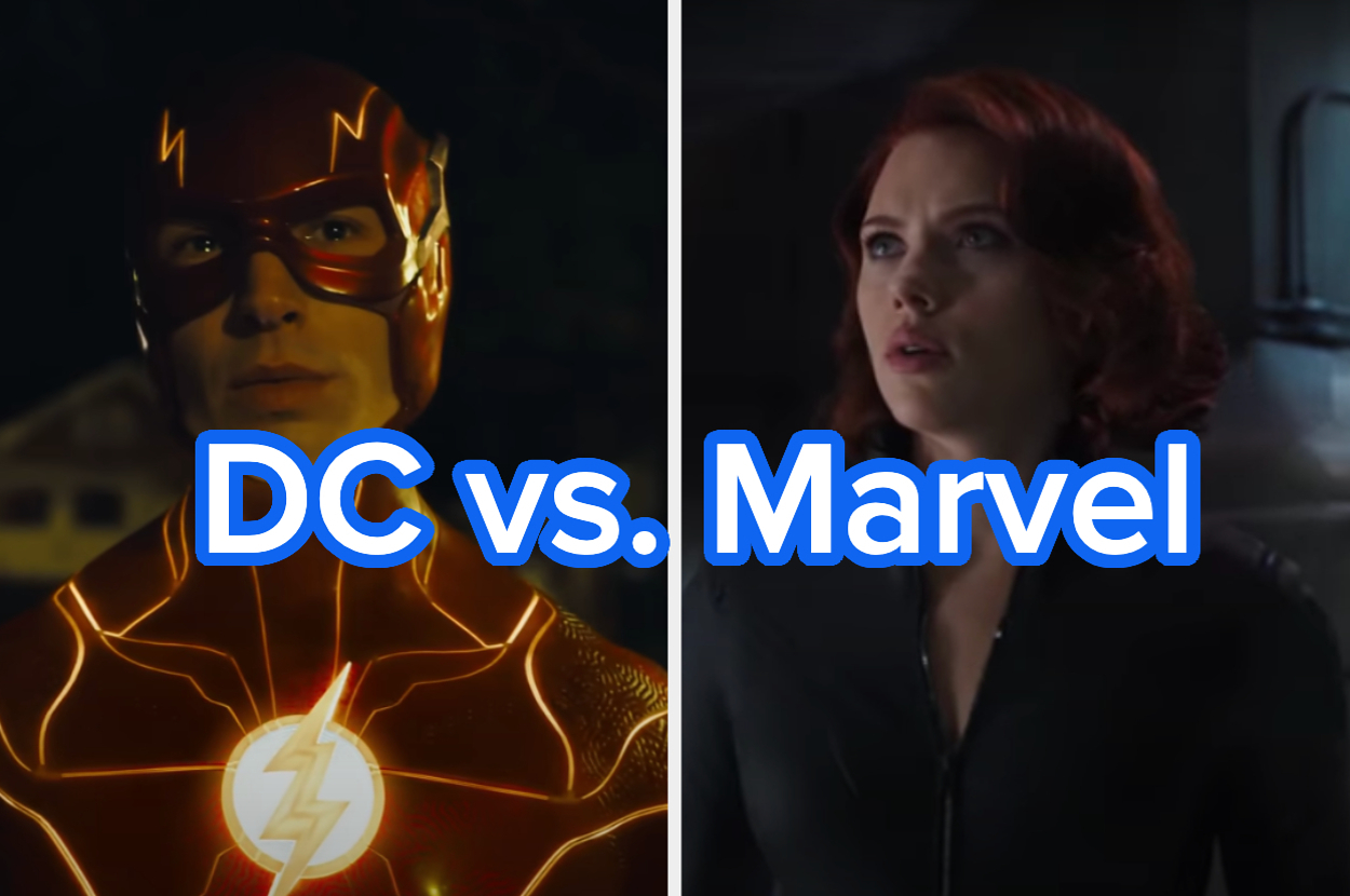 The Flash from DC Comics and Black Widow from Marvel Comics side by side with the text "DC vs. Marvel" in between them