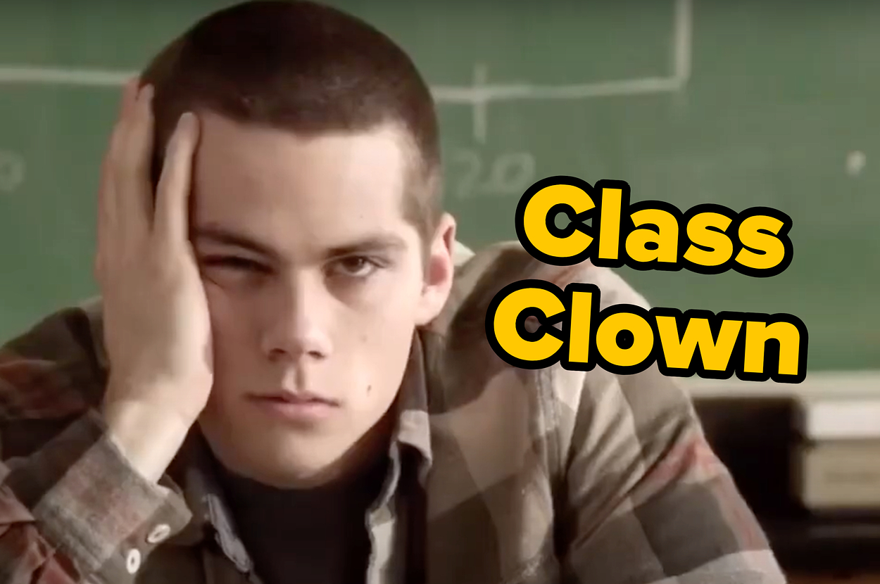 Dylan O'Brien, wearing a plaid shirt, sits in front of a chalkboard with a bored expression, supporting his head with one hand. Text reads "Class Clown."