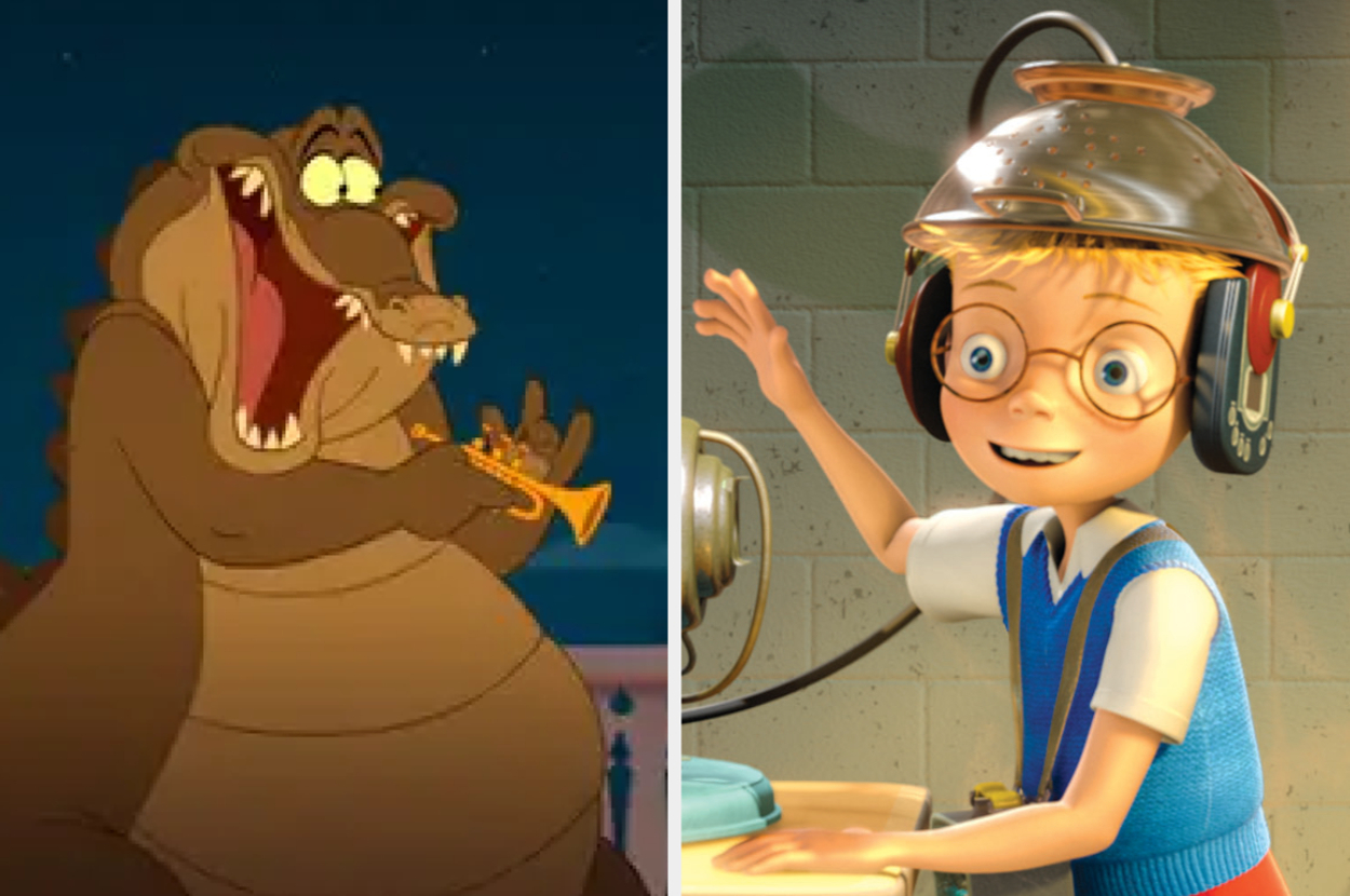 Louis the alligator plays trumpet excitedly; Lewis from 'Meet the Robinsons' wears glasses and a colander invention on his head, smiling in a lab