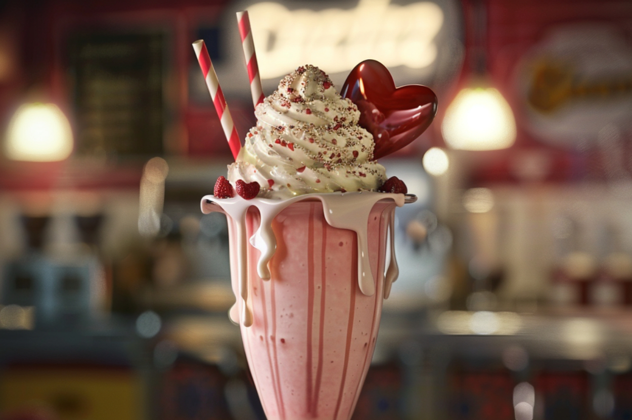 A tall milkshake glass filled with pink milkshake, topped with whipped cream, red sprinkles, raspberries, a heart-shaped balloon, and two striped straws