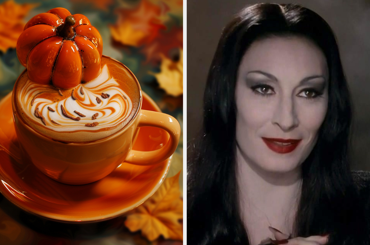 A latte with a small pumpkin on top and a portrait of a woman with long dark hair, red lipstick, and smoky eye makeup