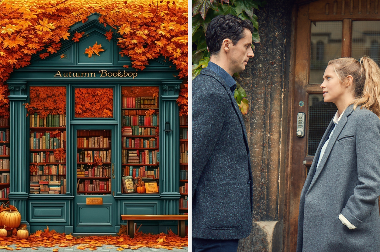 Left: A bookstore named "Autumn Bookshop" with fall leaves and pumpkins outside. Right: A man and woman in coats talking in front of a wooden door covered with ivy