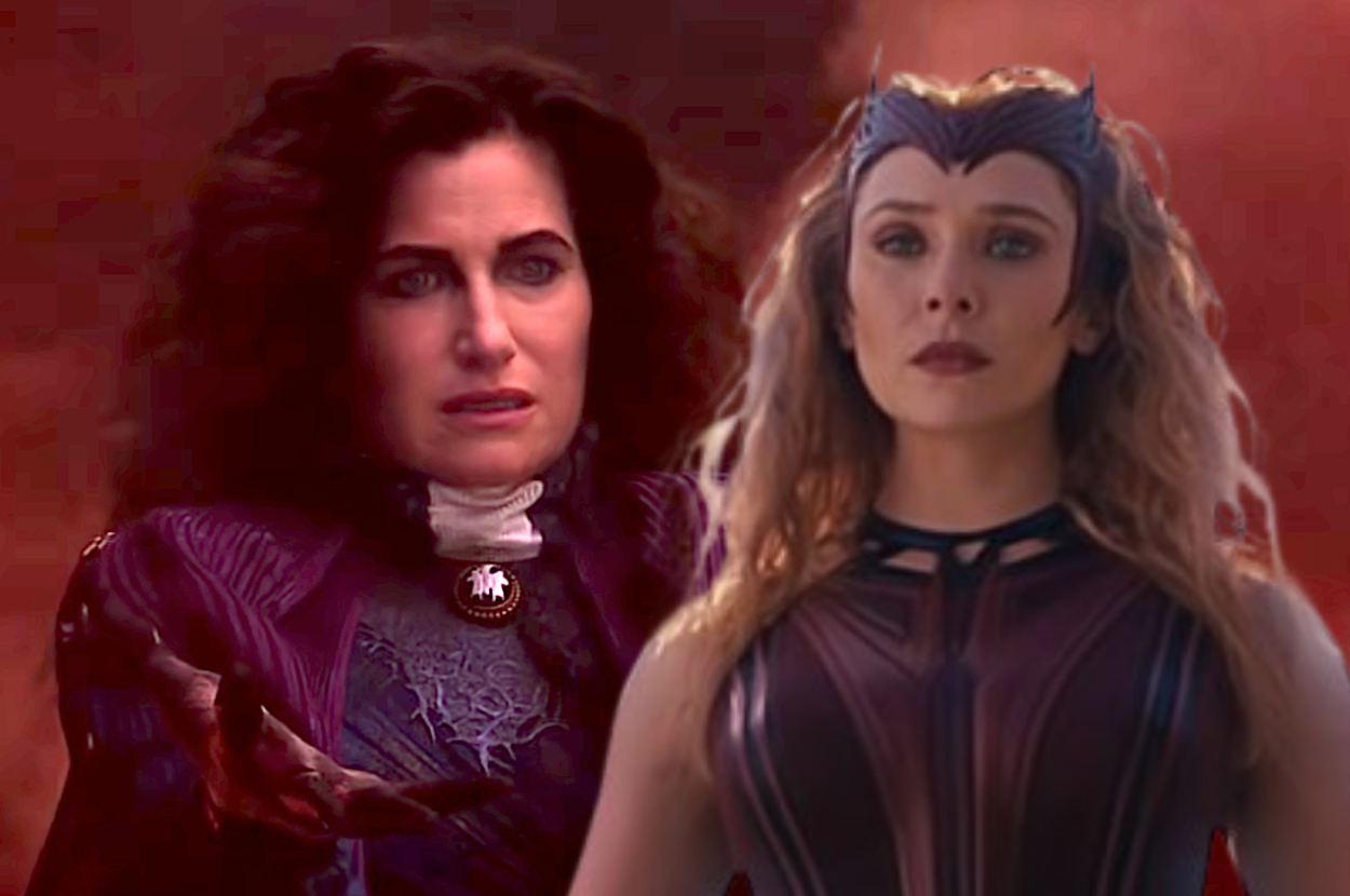 Kathryn Hahn as Agatha Harkness in an elaborate dark costume, and Elizabeth Olsen as Wanda Maximoff in a detailed, magical outfit