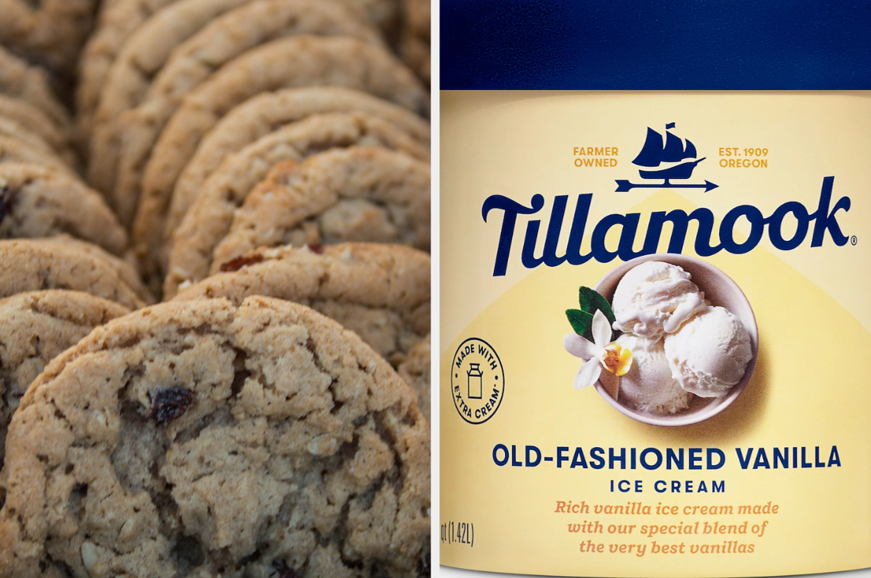 Close-up view of oatmeal raisin cookies on the left, and a container of Tillamook Old-Fashioned Vanilla Ice Cream on the right