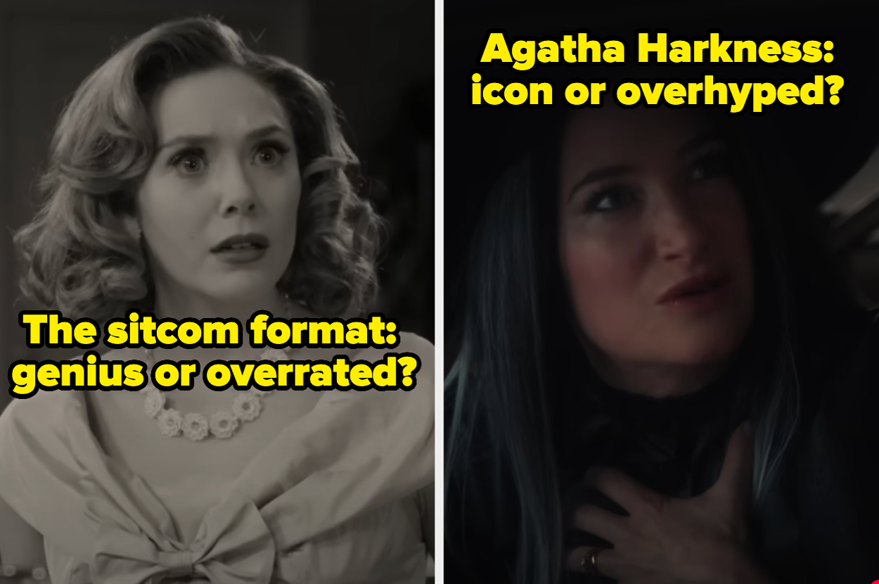 Split image with Elizabeth Olsen in black-and-white, text "The sitcom format: genius or overrated?", and Kathryn Hahn, text "Agatha Harkness: icon or overhyped?"