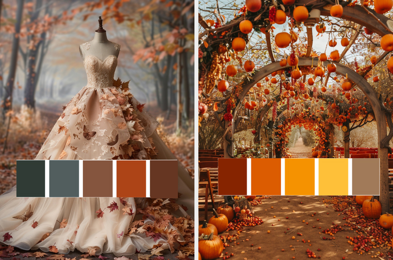 A wedding gown adorned with autumn leaves on a mannequin in a forest, and a pumpkin-decorated wedding aisle under an arch. Color palettes are displayed below each scene