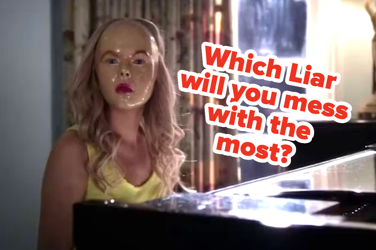 Woman in a plastic mask sits at a piano next to text: "Which Liar will you mess with the most?"