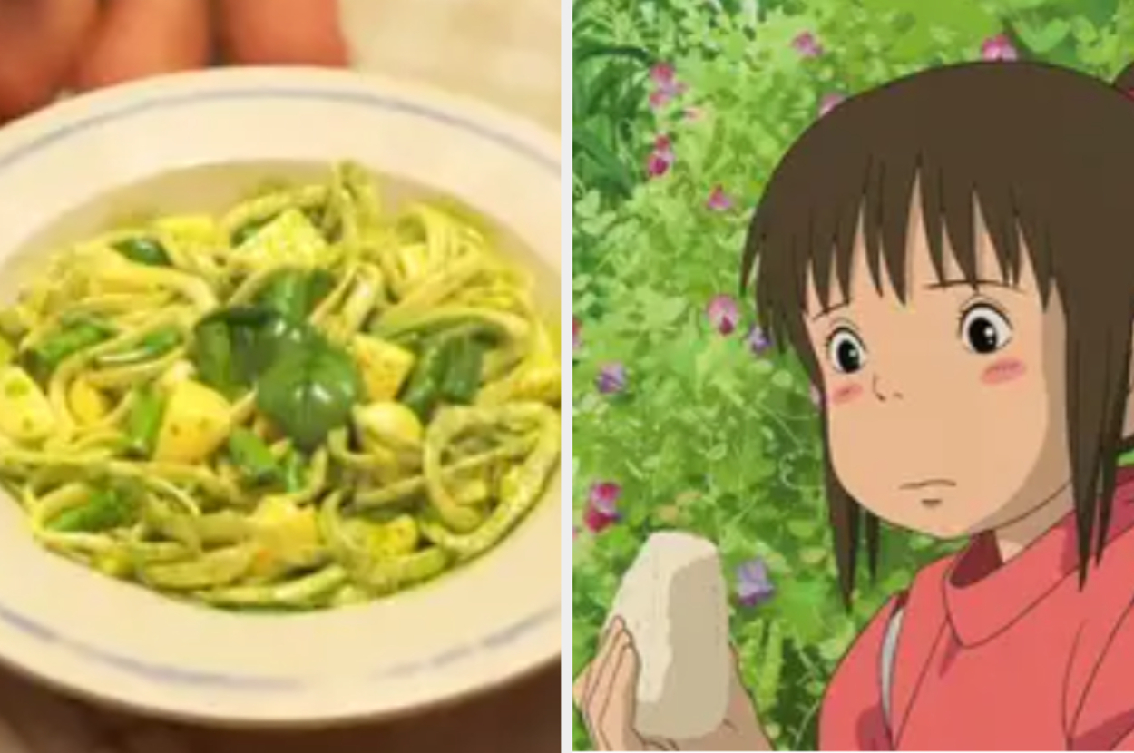 A plate of pasta with herbs and diced vegetables on the left, and Chihiro from Spirited Away holding a rice ball on the right