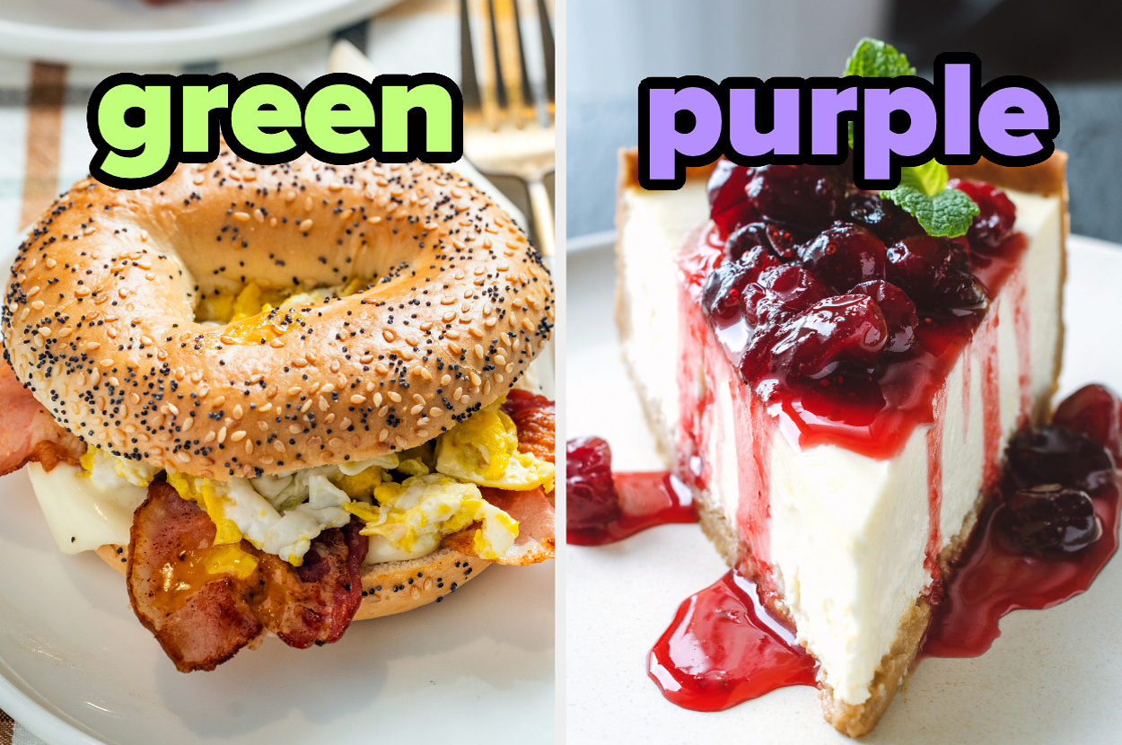 On the left, bacon, egg, and cheese, on an everything bagel labeled green, and on the right, a slice of cheesecake topped with cherries labeled purple